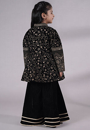 Embroidered Velvet A Line Kurta Set in Black