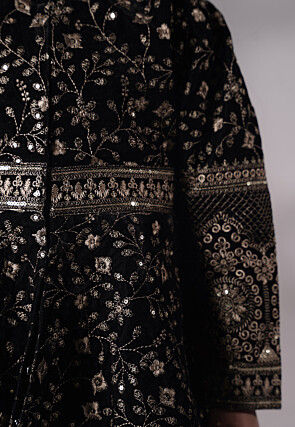 Embroidered Velvet A Line Kurta Set in Black