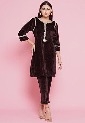Embroidered Velvet A Line Kurta Set in Brown