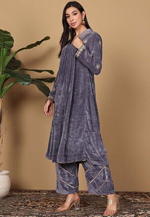 Embroidered Velvet A Line Kurta Set in Dark Grey