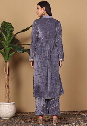 Embroidered Velvet A Line Kurta Set in Dark Grey