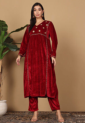 Embroidered Velvet A Line Kurta Set in Maroon