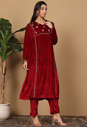 Embroidered Velvet A Line Kurta Set in Maroon