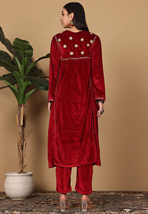 Embroidered Velvet A Line Kurta Set in Maroon