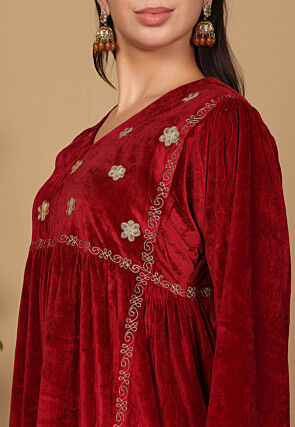 Embroidered Velvet A Line Kurta Set in Maroon