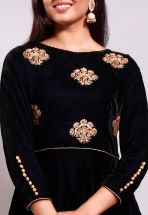 Embroidered Velvet A Line Kurta Set in Navy Blue
