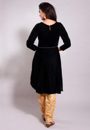 Embroidered Velvet A Line Kurta Set in Navy Blue