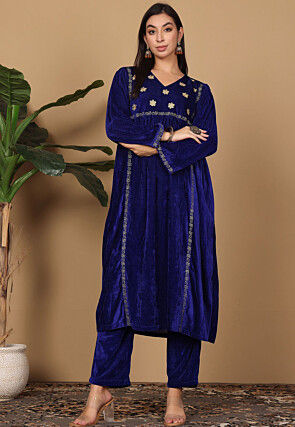 Embroidered Velvet A Line Kurta Set in Navy Blue