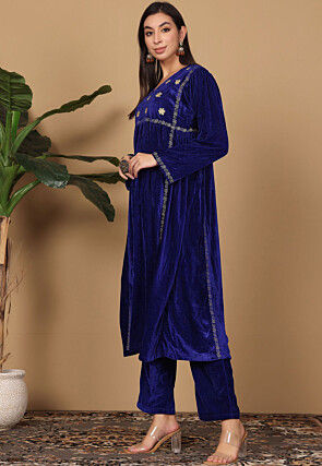 Embroidered Velvet A Line Kurta Set in Navy Blue