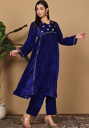Embroidered Velvet A Line Kurta Set in Navy Blue