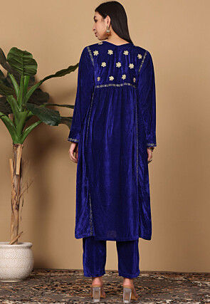 Embroidered Velvet A Line Kurta Set in Navy Blue