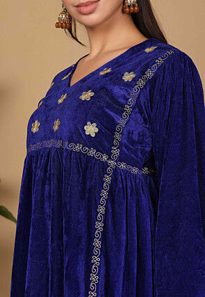 Embroidered Velvet A Line Kurta Set in Navy Blue