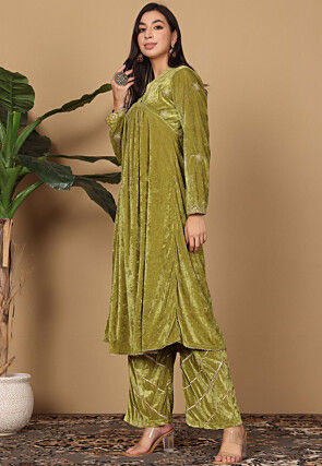 Embroidered Velvet A Line Kurta Set in Olive Green