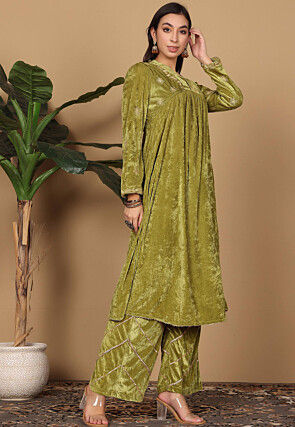 Embroidered Velvet A Line Kurta Set in Olive Green