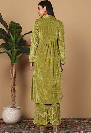 Embroidered Velvet A Line Kurta Set in Olive Green