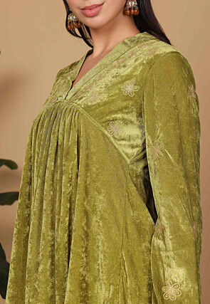 Embroidered Velvet A Line Kurta Set in Olive Green