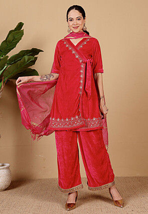 Embroidered Velvet A Line Suit in Fuchsia
