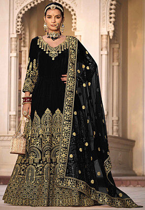 Embroidered Velvet Abaya Style Suit in Black