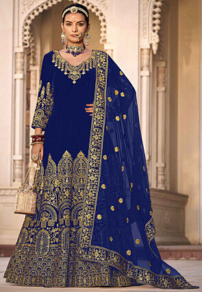 Embroidered Velvet Abaya Style Suit in Blue