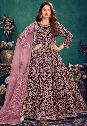 Embroidered Velvet Abaya Style Suit in Magenta