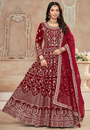 Embroidered Velvet Abaya Style Suit in Maroon
