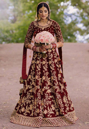 Embroidered Velvet Abaya Style Suit in Maroon