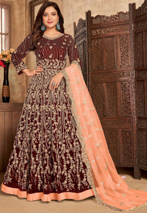 Embroidered Velvet Abaya Style Suit in Maroon