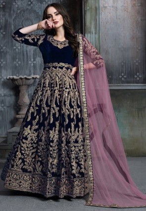 Embroidered Velvet Abaya Style Suit in Navy Blue