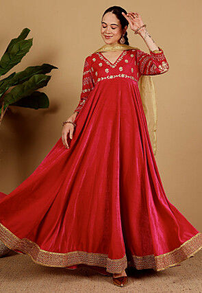 Embroidered Velvet Abaya Style Suit in Pink