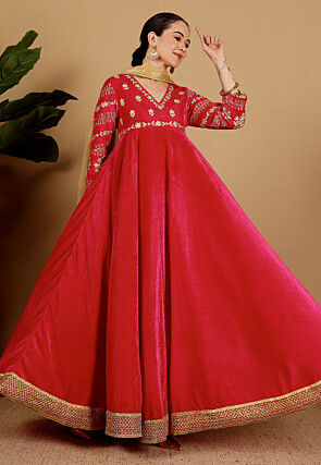 Embroidered Velvet Abaya Style Suit in Pink