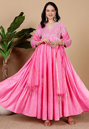 Embroidered Velvet Abaya Style Suit in Pink