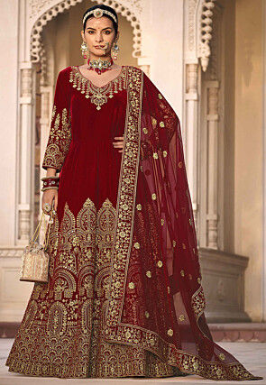 Embroidered Velvet Abaya Style Suit in Red