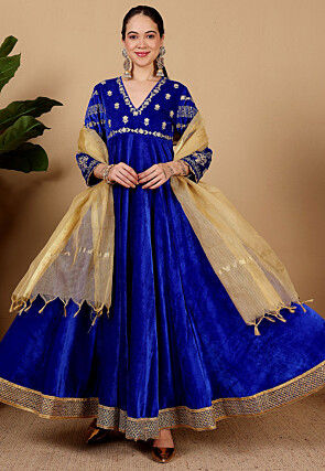 Embroidered Velvet Abaya Style Suit in Royal Blue
