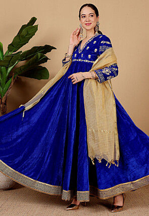 Embroidered Velvet Abaya Style Suit in Royal Blue