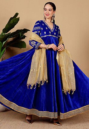 Embroidered Velvet Abaya Style Suit in Royal Blue