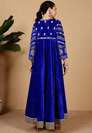 Embroidered Velvet Abaya Style Suit in Royal Blue