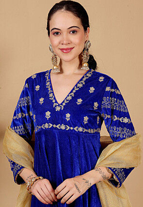 Embroidered Velvet Abaya Style Suit in Royal Blue