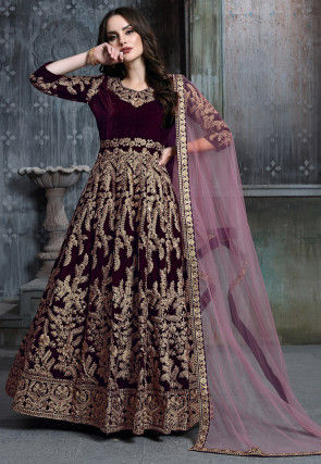 Embroidered Velvet Abaya Style Suit in Wine