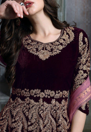 Embroidered Velvet Abaya Style Suit in Wine