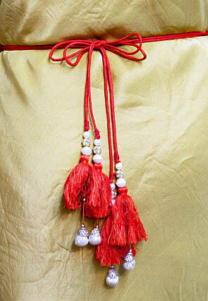 Embroidered Velvet Adjustable Waist Belt in Red