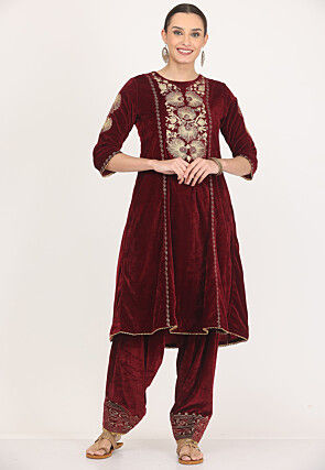 Embroidered Velvet Aline kurta Set in Maroon
