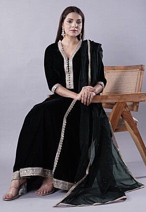 Embroidered Velvet Anarkali Suit in Black