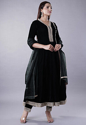 Embroidered Velvet Anarkali Suit in Black