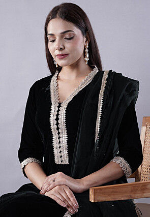 Embroidered Velvet Anarkali Suit in Black