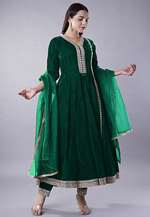 Embroidered Velvet Anarkali Suit in Dark Green