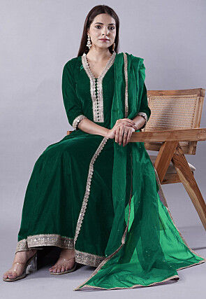 Embroidered Velvet Anarkali Suit in Dark Green