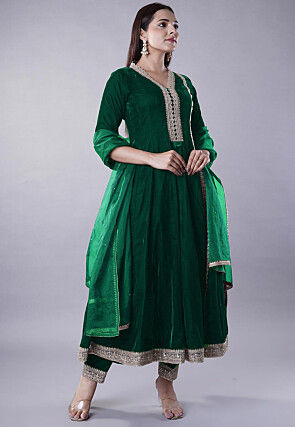 Embroidered Velvet Anarkali Suit in Dark Green