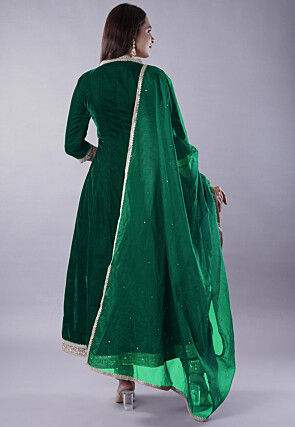 Embroidered Velvet Anarkali Suit in Dark Green