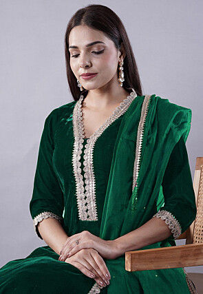 Embroidered Velvet Anarkali Suit in Dark Green