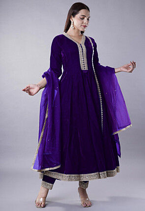 Embroidered Velvet Anarkali Suit in Dark Purple